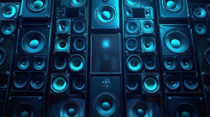 Symphony of Sound: A mesmerizing wall of speakers bathed in electric blue light, a captivating visual representation of music and technology.