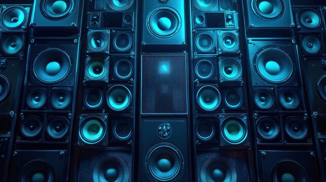 Symphony of Sound: A mesmerizing wall of speakers bathed in electric blue light, a captivating visual representation of music and technology.