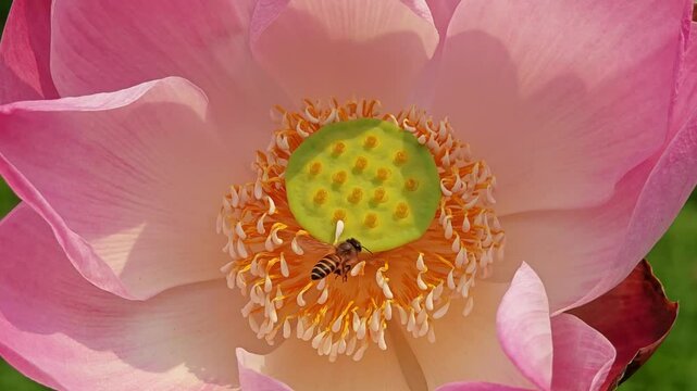 Bee collect pink lotus flower nectar.
