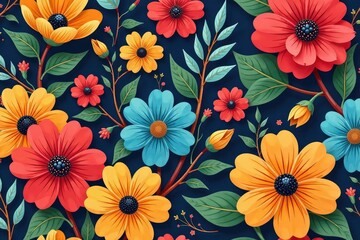 Bold large-scale floral wallpaper pattern, vibrant colors , illustration, orange, floral