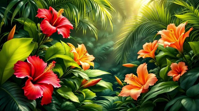 Vibrant tropical flowers bloom in a lush, sun-drenched jungle A digitally enhanced image showcases a vibrant, tropical jungle setting filled with lush foliage and a profusion of hibiscus and orange 