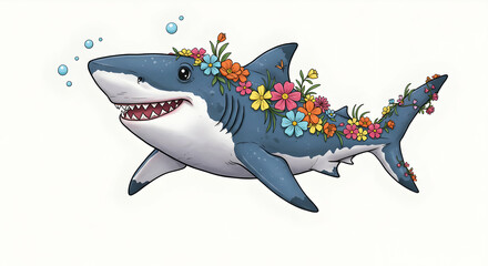 Fototapeta premium Shark with Floral Design Swimming in an Underwater Scene