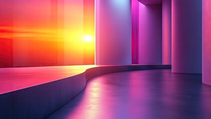 Vibrant interior scene with sunset view through translucent walls.