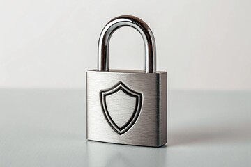Fototapeta premium Metal padlock with shield emblem representing security and protection.