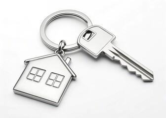 Silver keychain with house key and keyring for real estate.