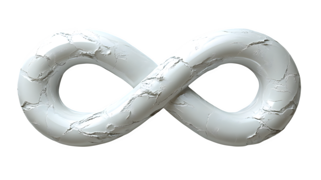 White infinity symbol in 3D cartoon plastic style, isolated on white background