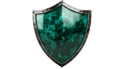 Riveted steel shield with emerald green patina, cut out transparent