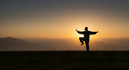 Silhouette of a Person Practicing Tai Chi at Sunrise in Nature