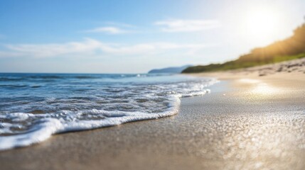 Golden sunlight kisses tranquil shoreline waves, evoking coastal meditation retreats and World Oceans Day serenity, oceanic whispers abound