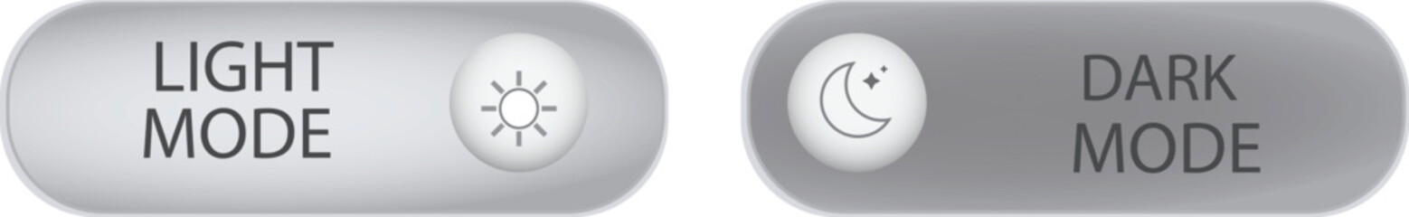 On and Off toggle switch buttons. Day and night mode switch button. Dark mode, light mode. Material design switch buttons set. Vector illustration.