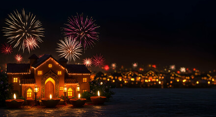 Festive House with Diyas and Fireworks at Night Celebrating Holiday