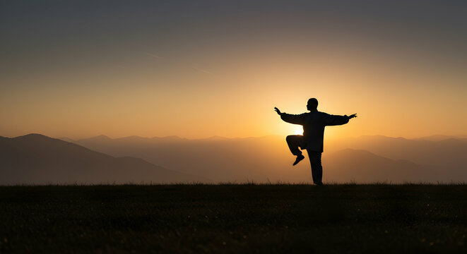 Silhouette of a Person Practicing Tai Chi at Sunrise in Nature