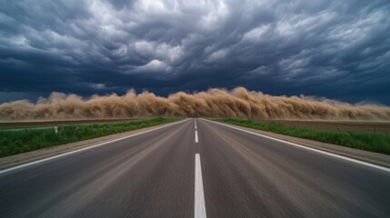 Fototapeta premium Racing under tempestuous skies, an asphalt ribbon meets desert tempest, echoing Chaoshan's Storm Festival and Australia's Dust Day