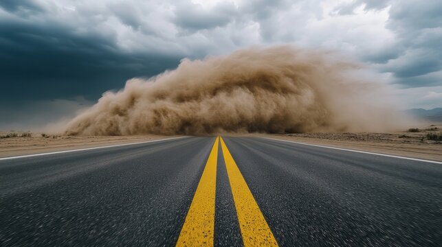 Desert road swallowed by swirling dust storm, evoking the mystique of Harmattan winds, a dance of natures wild temperament