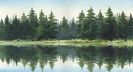 Obraz premium Serene Reflection of Evergreen Trees in Calm Water Body Landscape