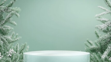 Frost-kissed evergreens encircle an ethereal glass pedestal, perfect for Winter Solstice rituals and Hygge-inspired holiday displays