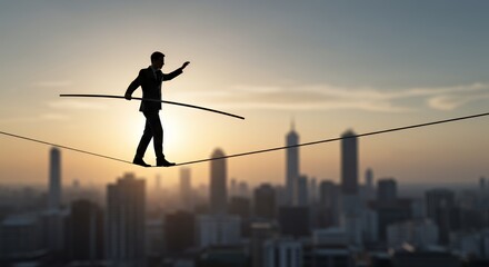 Businessman Balancing on Tightrope Above City Skyline at Sunset