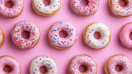Colorful donuts dance in a sugary mosaic, celebrating Pink Donut Day, inviting sweet tooth indulgence and joyful decadence