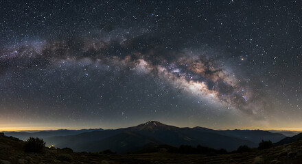 Naklejka premium Stunning Milky Way Arch Over Majestic Mountain Landscape at Night