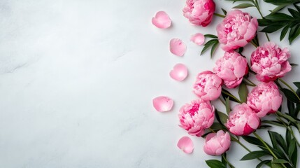 Pink peonies cascade artfully across marble, evoking whispers of Ochi Day elegance and the delicate wabi-sabi impermanence