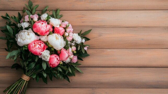 Vibrant peony bouquet against rustic wooden planks, whispering springtime renewal and Hanami celebrations, floral symphony of serenity