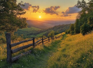 Obraz premium Peaceful rural landscape at golden sunset.