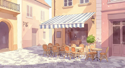 Charming Street Scene of a Cozy Café with Outdoor Seating Area