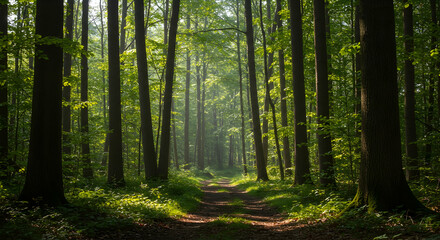 Serene Forest Pathway in Lush Green Woodland with Soft Light