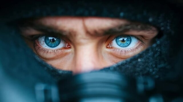 A close up of a man's face with blue eyes looking through a sniper scope