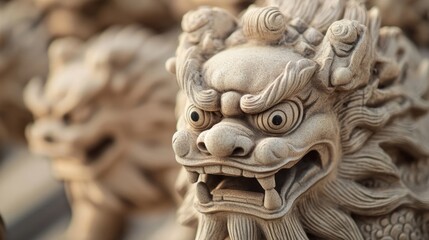 Lion guardian statues exude fierce serenity, Echo of Lunar New Year, feng shui protector, mystical vigilance in serene stone