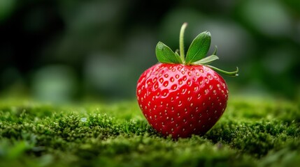 A plump strawberry nestles on velvety moss, evoking Beltane's verdant rebirth, hidden forest delights, and whimsical woodland feasts