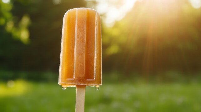 Melting orange popsicle glimmers in summer's golden hour, evoking sun-drenched Solstice picnics and childhood's sweet nostalgia