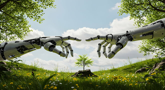 Robotic Hands Reaching Towards a Small Tree in Nature Scene