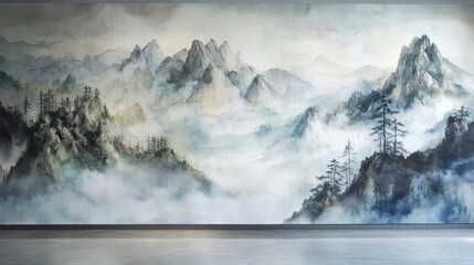 Misty mountain landscape mural