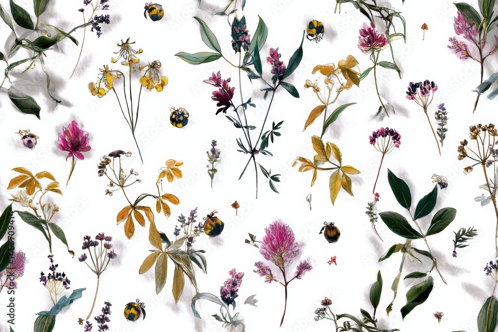 Poster floating botanical illustration featuring diverse plant species and insects against a clean white ba