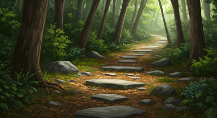 Obraz premium Tranquil Pathway Through Lush Forest with Sunlight Filtering Down