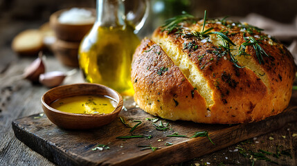 Freshly baked herb bread loaf with olive oil in rustic wooden setting for culinary inspiration