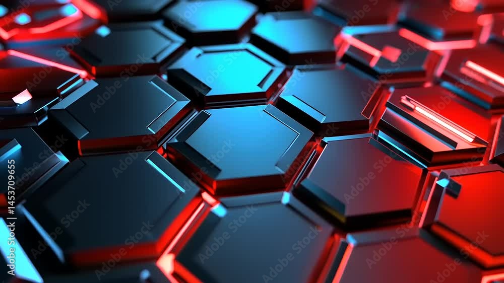 Aufkleber abstract close-up of hexagonal patterns with glowing edges in red and blue, creating a futuristic vi