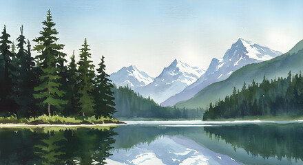 Serene Lake Reflections with Majestic Mountains and Pine Trees