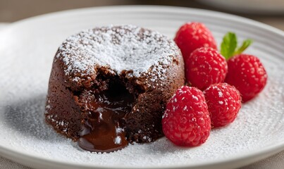  a chocolate lava cake oozing molten chocolate, powdered sugar dusting, fresh raspberries on a white ceramic plate, Generative AI