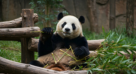 Obraz premium Playful Giant Panda Enjoying Bamboo in Natural Habitat Scene