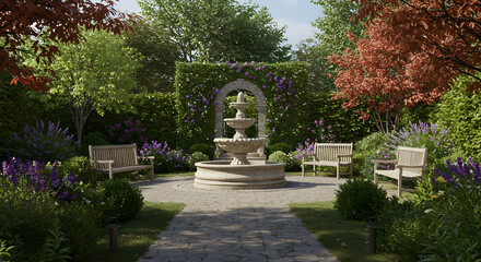 Serene Garden with Stone Fountain Surrounded by Lush Greenery