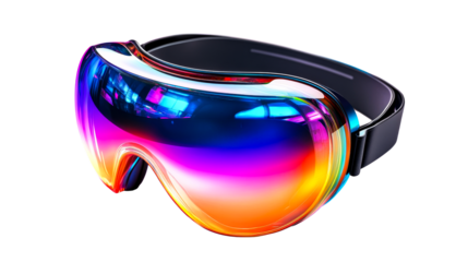 Sleek virtual reality headset with colorful reflection, cut out transparent