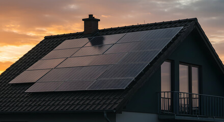 Rooftop Solar Panels at Sunset Over Modern Home with Cloudy Sky