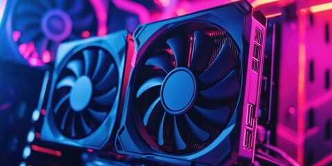 Fototapeta premium Neon-lit Graphics Cards: High-Performance PC Components