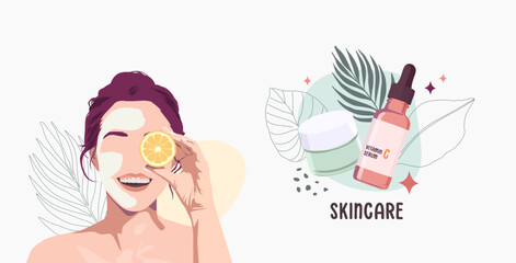 Vector illustration of a woman relaxing with a face sheet mask and skincare sachets on the side. Ideal for beauty, facial treatment, wellness spa, self-care, and natural skincare product promotions