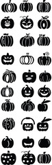 set of Halloween pumpkins Halloween pumpkin icons Icon illustration of a set of Halloween pumpkin silhouettes of plants black and white vector illustration, isolated on transparent background