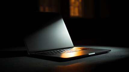 Open laptop illuminated by warm light in dark environment at night for focused work
