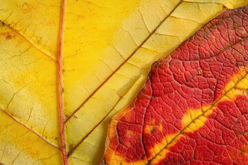 Close-up of vibrant autumn leaves showcasing yellow and red hues with intricate textures