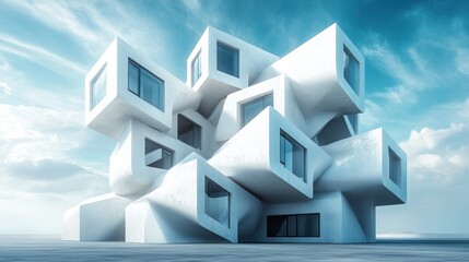 High-rise buildings in a futuristic city with a village of cubic homes, sharp design elements in the residential area contrasting with the skyline.